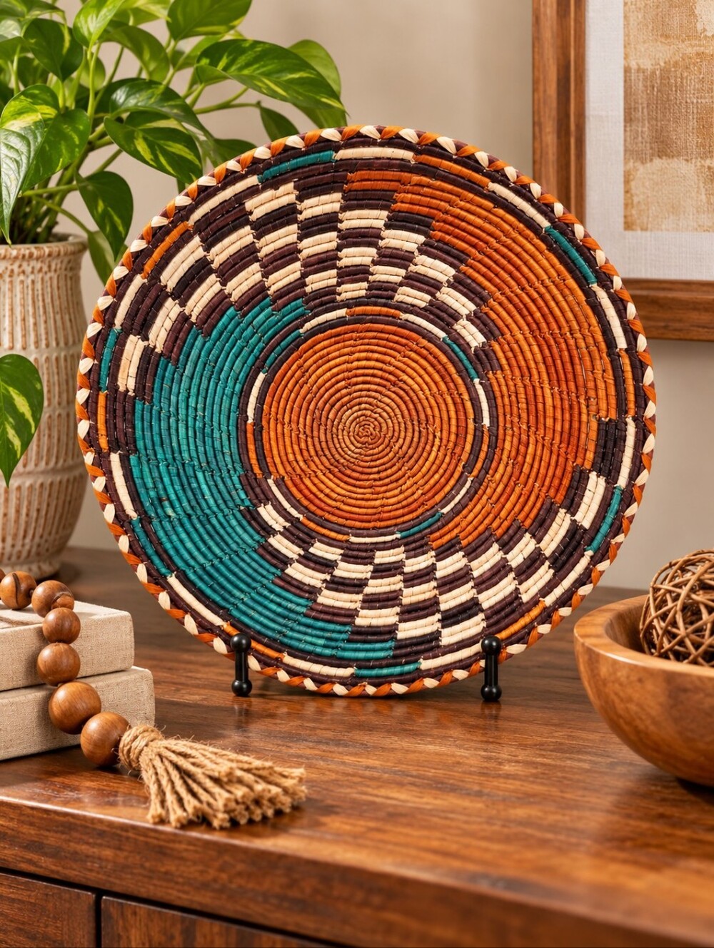 Handwoven Teal, Brown & Rust Decorative Wall Basket